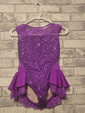 Weissman Purple Sequin Dance Leotard with Ruffle Skirt